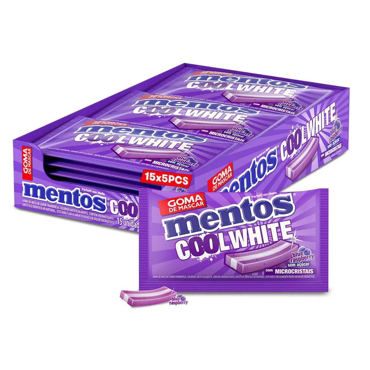 Goma de Mascar Mentos Cool White Blue Raspberry Sem Açúcar 5 unidades