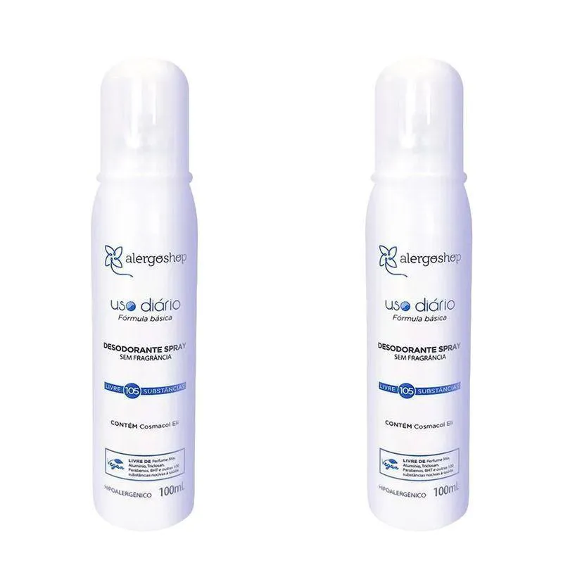 KIT 2 Desodorantes Spray Sem Fragrância Hipoalergênico Alergoshop 100ml