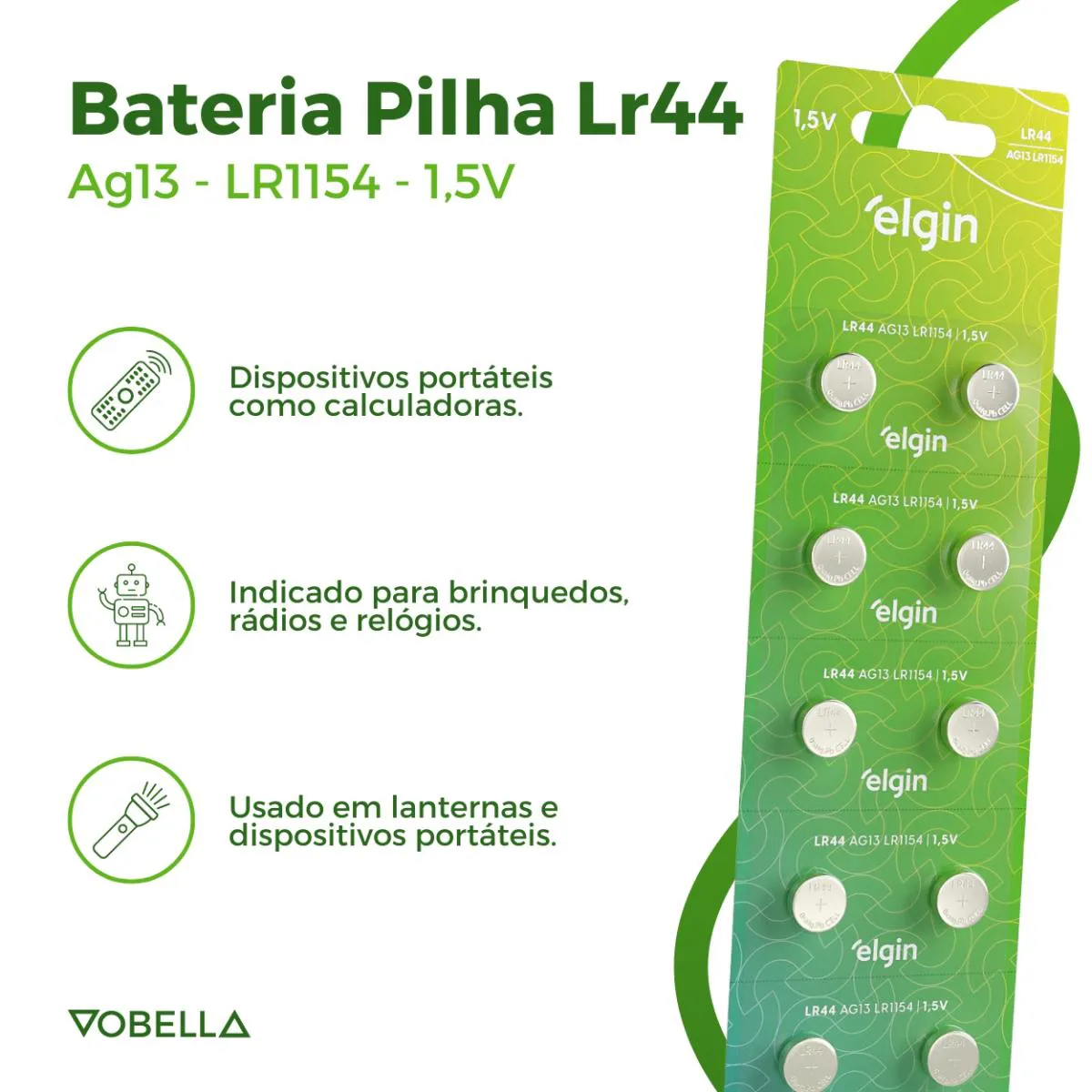 10 Baterias Pilhas Alcalina Lr44 1,5v Blister Cartela Elgin