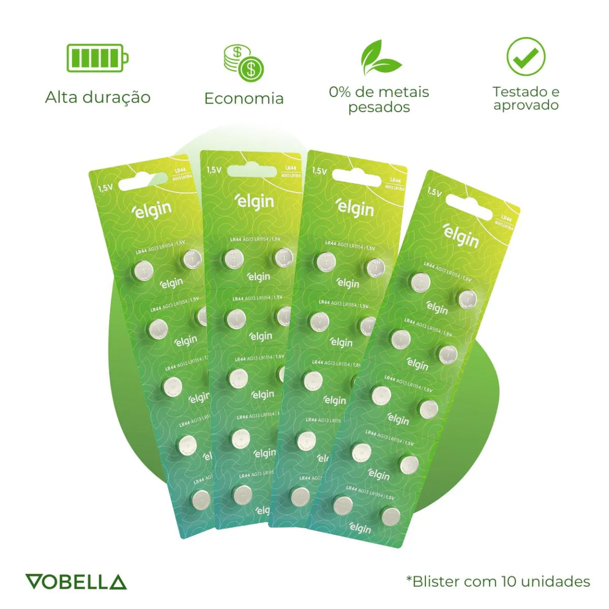 10 Baterias Pilhas Alcalina Lr44 1,5v Blister Cartela Elgin