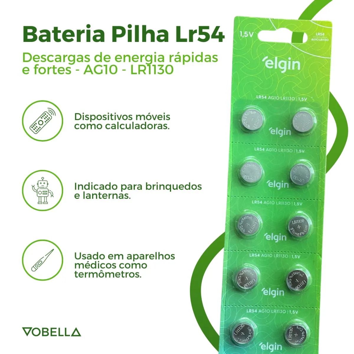 10 Baterias Pilhas Alcalina Lr54 1,5v Blister Cartela Elgin