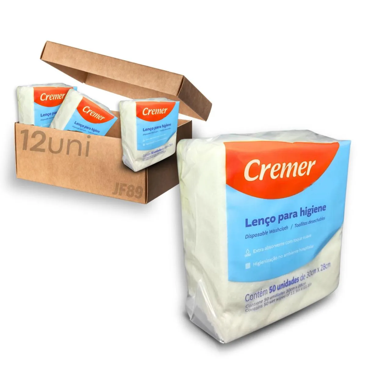 Lenço de Higiene e Banho Cremer Pacote com 600 unidades (12 pacotes com 50 unidades)
