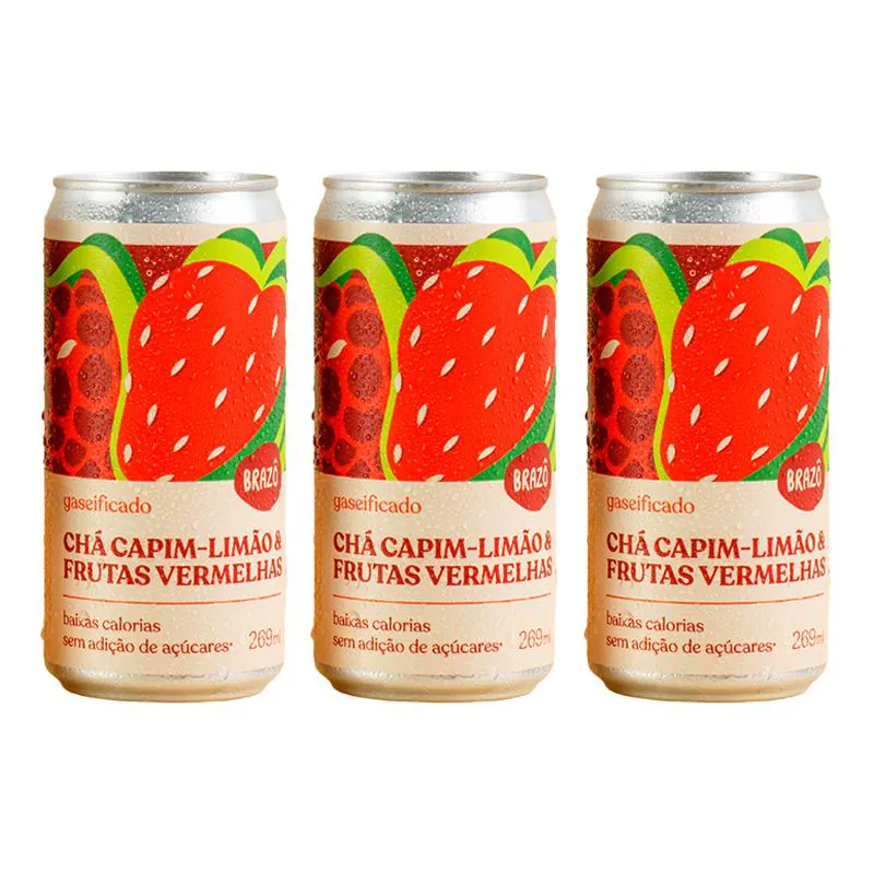 Kit 3x: Chá de Capim Limão com Frutas Vermelhas Gaseificado Brazô 269ml