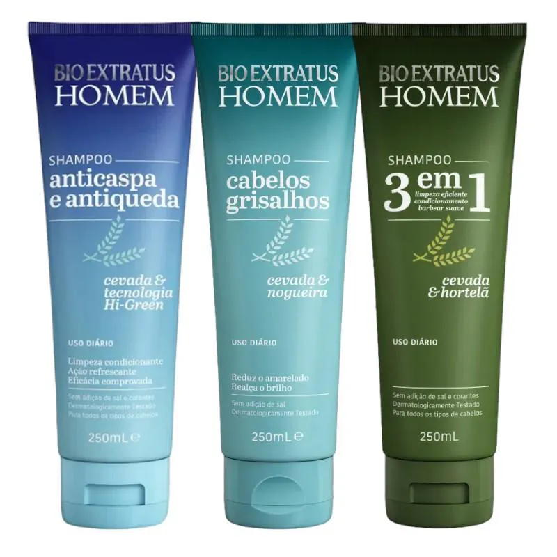 Kit 1 Shampoo 3 em 1, 1 Shampoo Grisalhos e 1 Shampoo Anticaspa Homem Bio Extratus