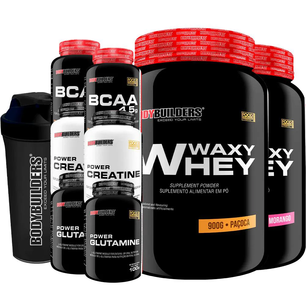 Kit 2x Waxy Whey 900g + 2x Bcaa 100g + 2x Power Creatina 100g + 2x Power Glutamina + Coq - Bodybuilders Morango e Paçoca