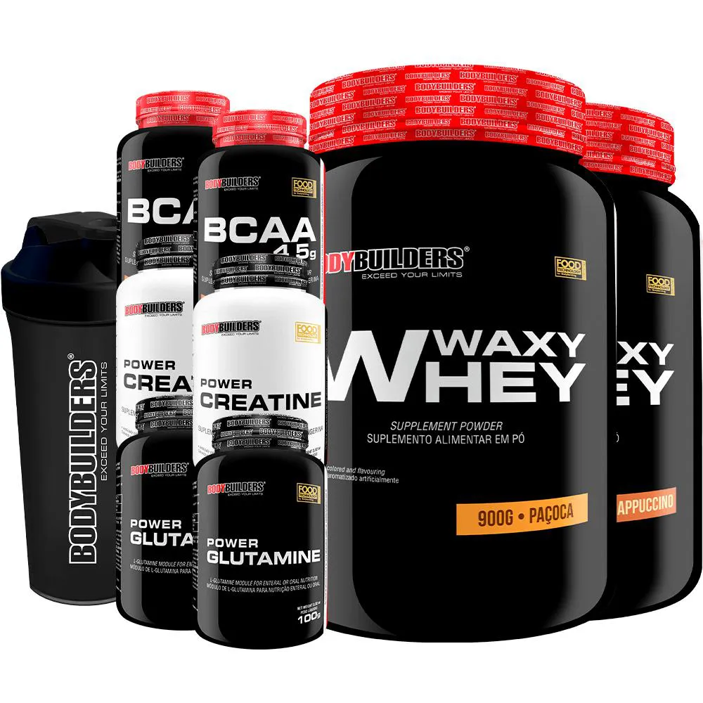 Kit 2x Waxy Whey 900g + 2x Bcaa 100g + 2x Power Creatina 100g + 2x Power Glutamina + Coq - Bodybuilders Cappuccino e Paçoca