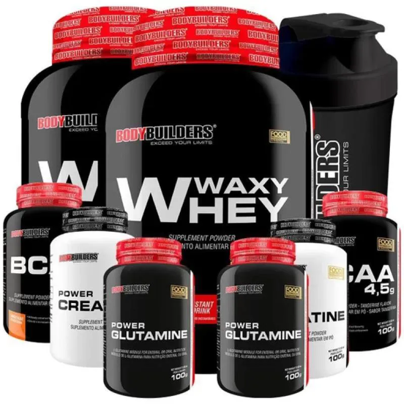 Kit 2x Waxy Whey 900g + 2x Bcaa 100g + 2x Power Creatina 100g + 2x Power Glutamina + Coq - Bodybuilders Morango e Cappuccino