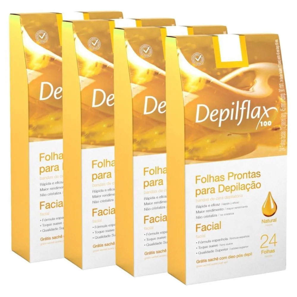 Kit 4x Folhas Depilatorias Facial Suave Depilflax Natural 24 unidades
