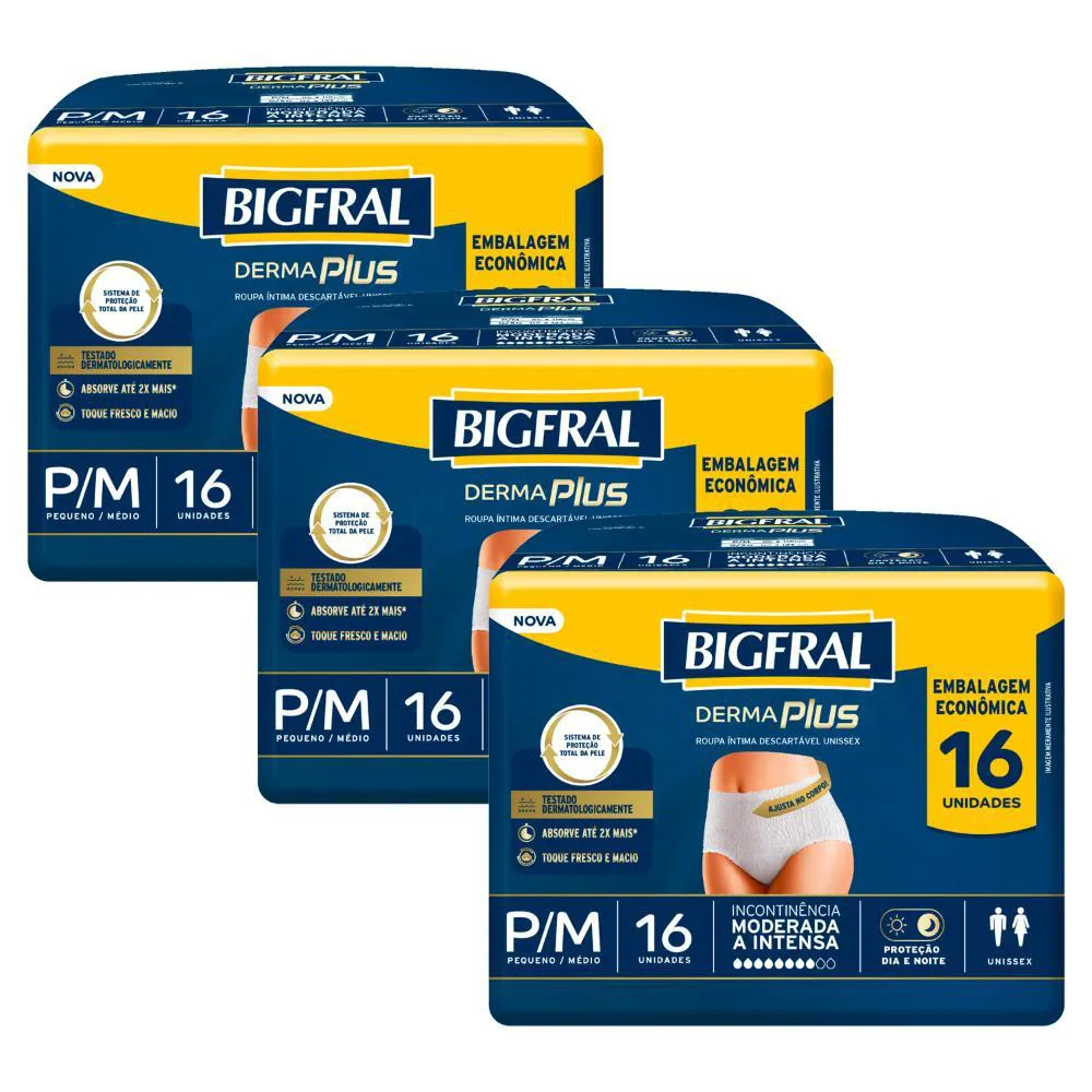 Kit 3 Roupas Íntima Bigfral Pants Derma Plus P/m com 16un Cada