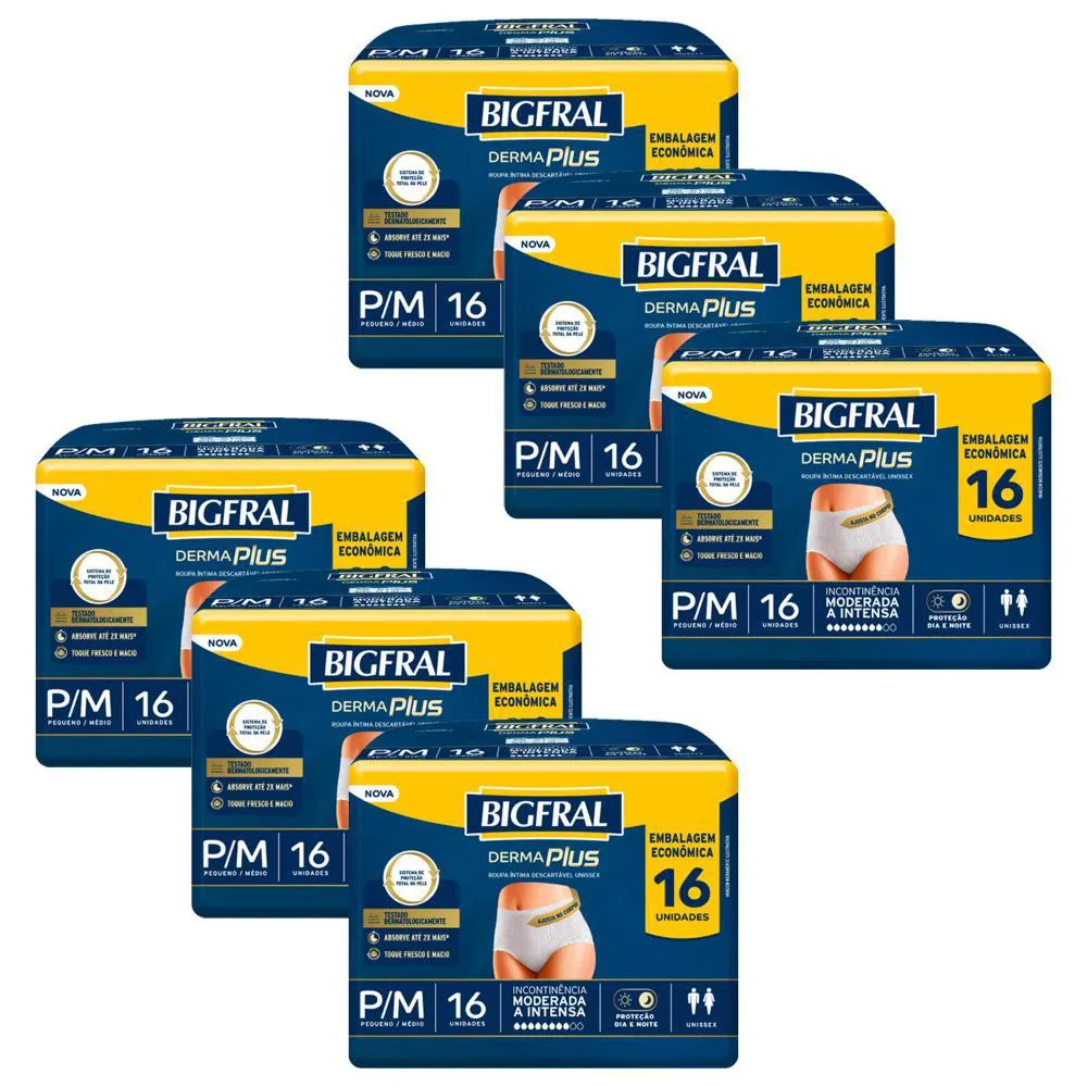 Kit 6 Roupas Íntima Bigfral Pants Derma Plus P/m com 16un Cada