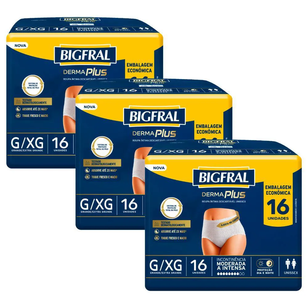 Kit 3 Roupas Íntima Bigfral Pants Derma Plus G/ex com 16un Cada