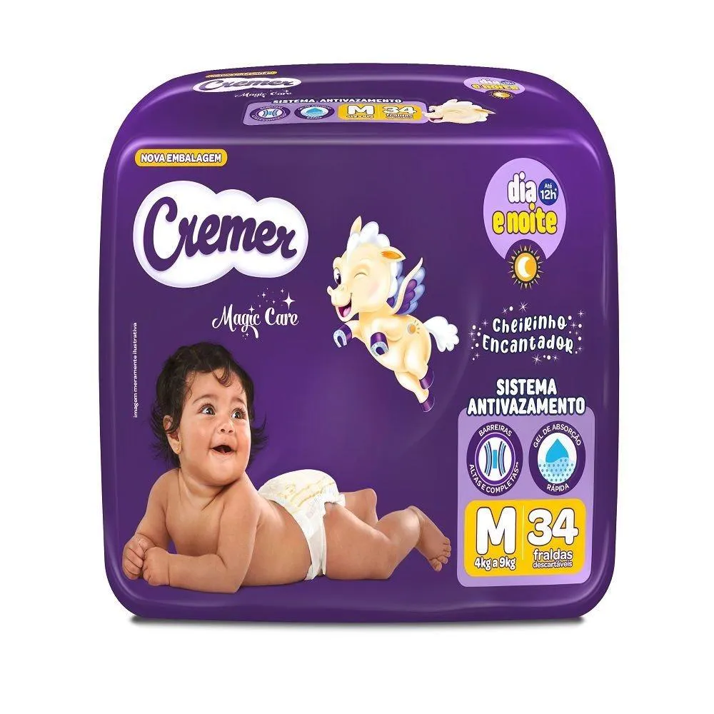 Fralda Descartável Cremer Magic Care Econômica Tamanho M - 8 Pacotes com 34 Fraldas - Total 272 Tiras