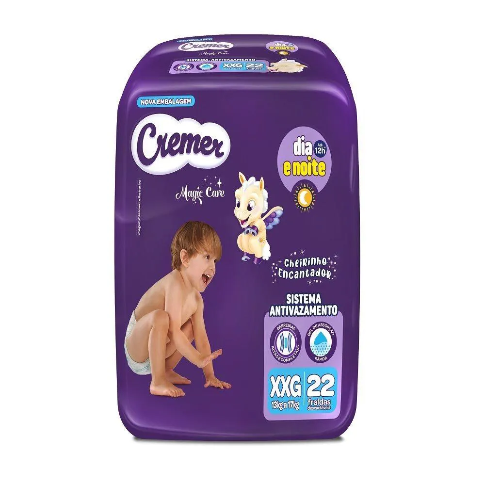 Fralda Descartável Cremer Magic Care Econômica Tamanho Xxg - 8 Pacotes com 22 Fraldas - Total 176 Tiras