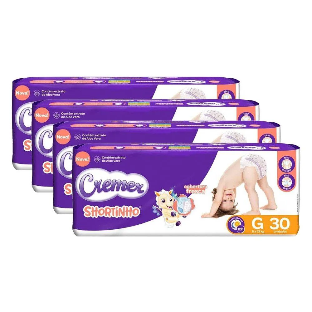 Fralda Descartável Cremer Shortinho Jumbo Tamanho G - 4 Pacotes com 30 Fraldas - Total 120 Tiras
