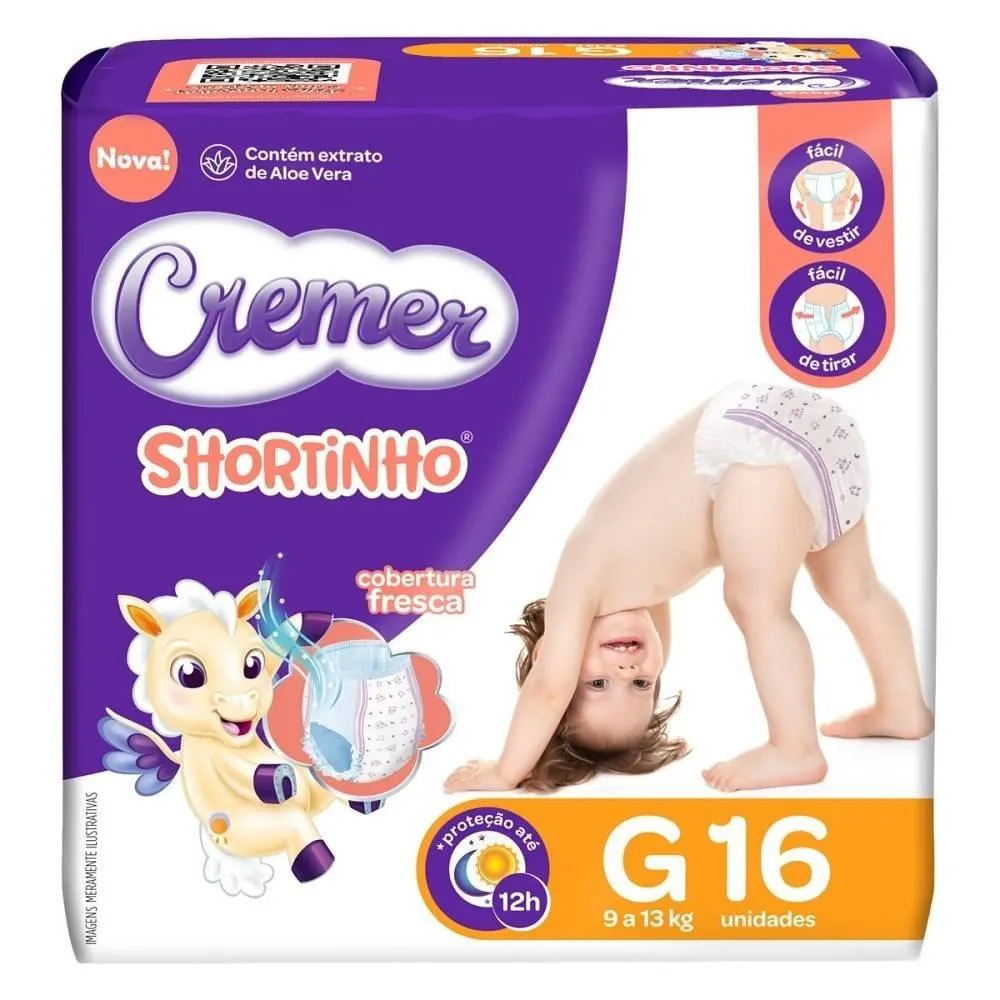 Fralda Descartável Cremer Shortinho Jumbinho Tamanho G - 8 Pacotes com 16 Fraldas - Total 128 Tiras