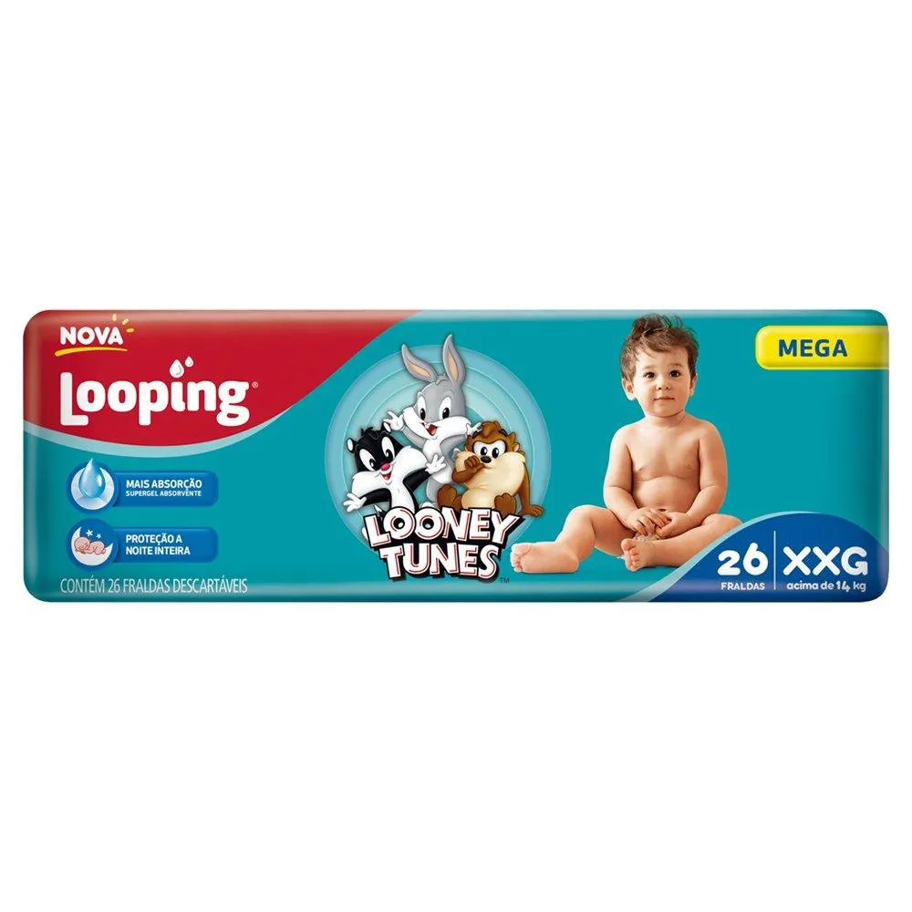 Fralda Descartável Looping Looney Tunes Mega Extra Extra Grande - 6 Pacotes com 26 Fraldas - Total 156 Tiras