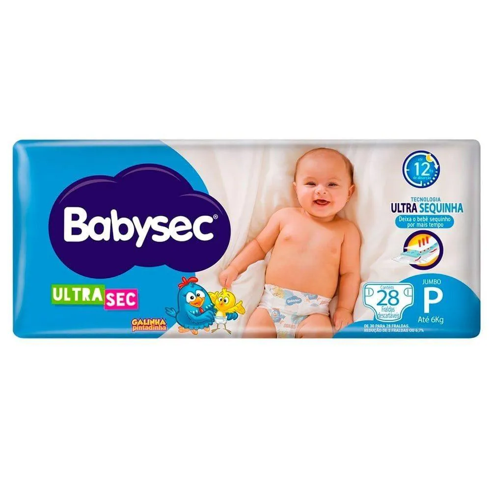 Fralda Descartável Babysec Galinha Pintadinha Ultra Sec Jumbo Tamanho P - 8 Pacotes com 28 Fraldas - Total 224 Tiras