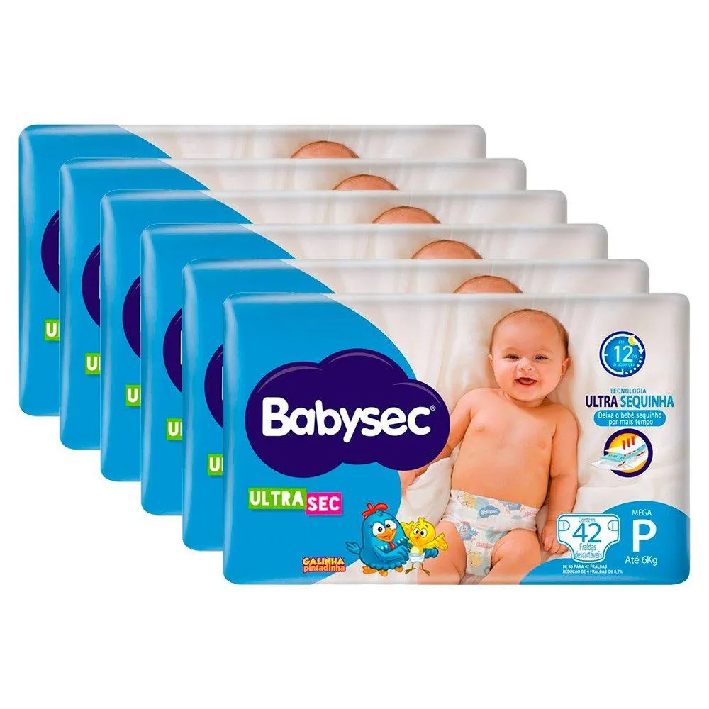 Fralda Descartável Babysec Ultra Mega Galinha Pintadinha Tamanho P - 6 Pacotes com 42 Fraldas - Total 252 Tiras
