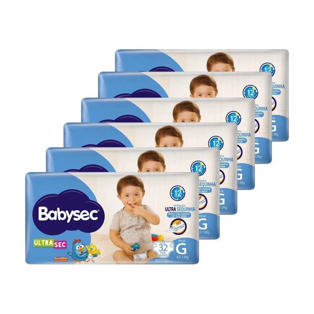 Fralda Descartável Babysec Galinha Pintadinha Ultra Mega Tamanho G - 6 Pacotes com 32 Fraldas - Total 192 Tiras