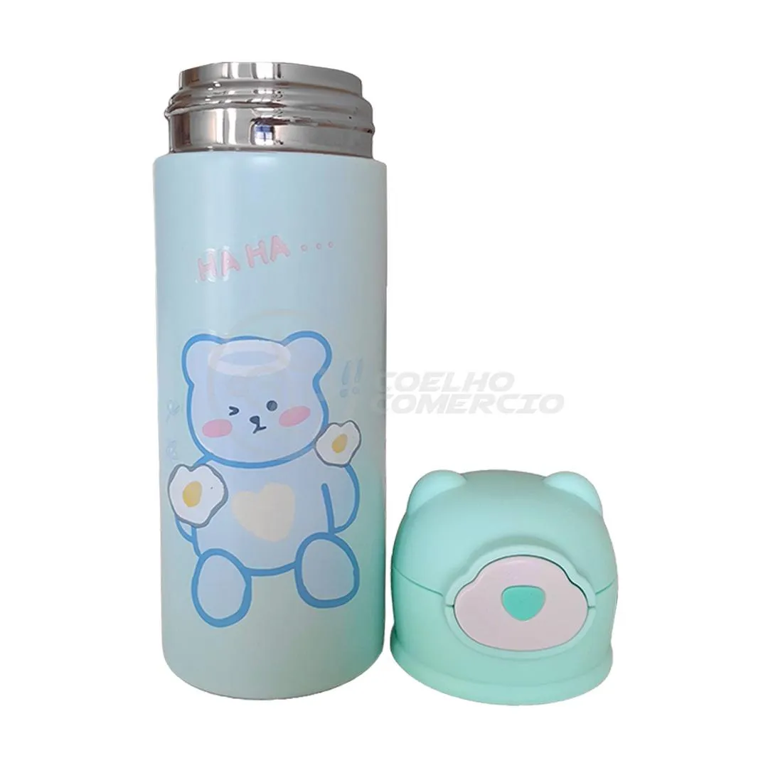 Garrafa Infantil de Ursinho Verde Térmica Aço Inoxidável 420ML Água Suco e Chá Quente e Frio até 12H
