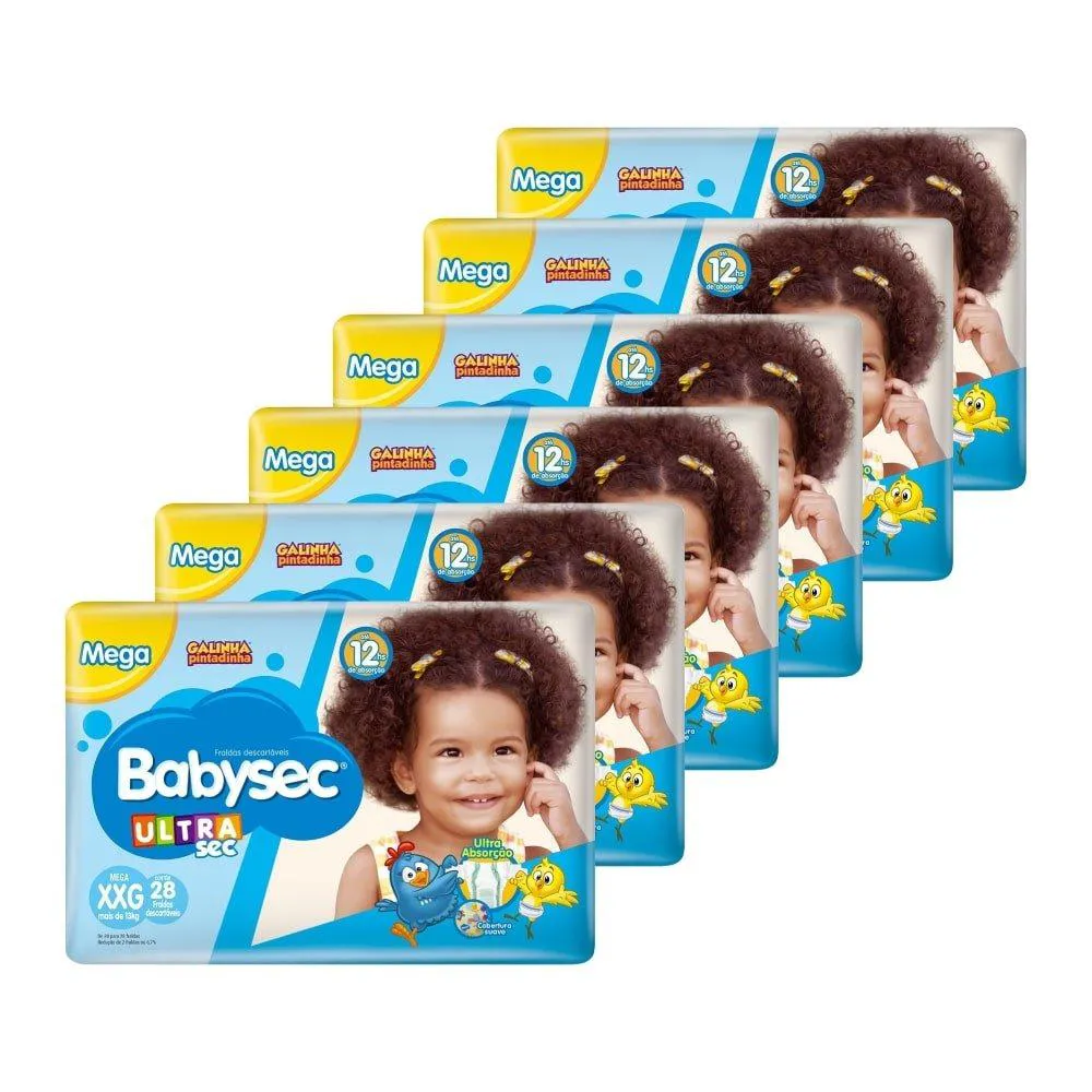 Fralda Descartável Babysec Ultra Mega Galinha Pintadinha Tamanho Xxg - 6 Pacotes com 28 Fraldas - Total 168 Tiras