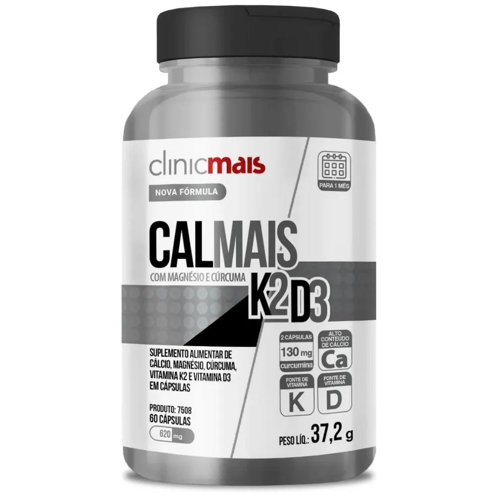 Calmais ( Vitaminas D3+k2, Cálcio, Mangésio e Curcuma) 60 Cápsulas - Clinicmais