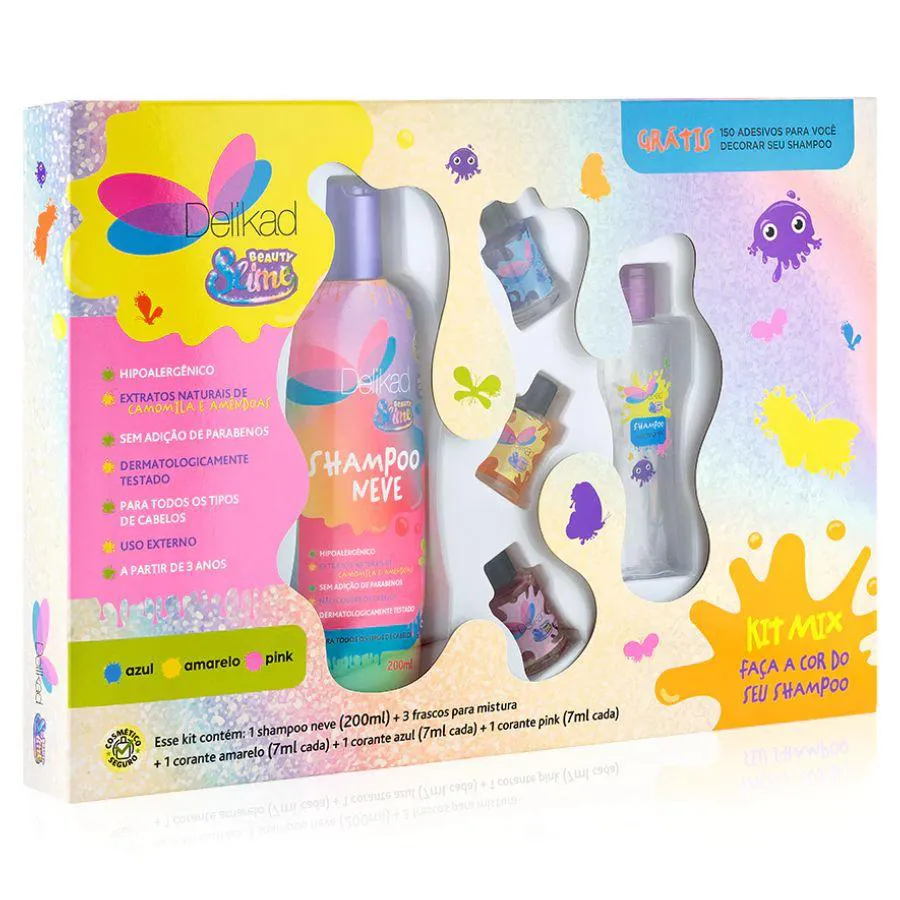 Kit Mix Beauty Slime ( Shampoo 200ml + 3 Frascos para Mistura + 3 Corantes Coloridos + 150 Adesivos )