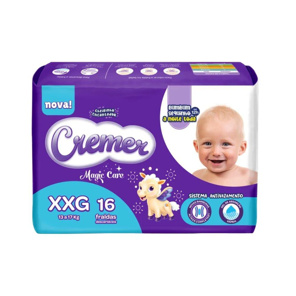 Fralda Descartável Cremer Jumbo Tamanho Xxg - 8 Pacotes com 16 Fraldas - Total 128 Tiras