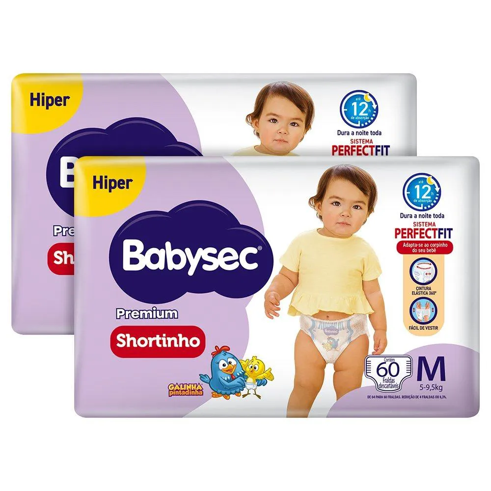 Fralda Descartável Babysec Shortinho Galinha Pintadinha Hiper Tamanho M - 2 Pacotes com 60 Fraldas - Total 120 Tiras