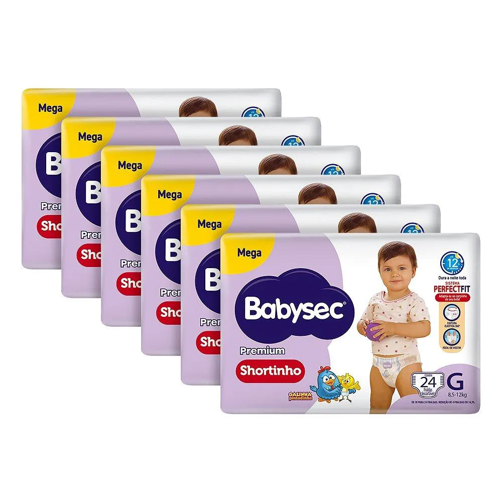 Fralda Descartável Babysec Shortinho Galinha Pintadinha Mega Tamanho G - 6 Pacotes com 24 Fraldas - Total 144 Tiras
