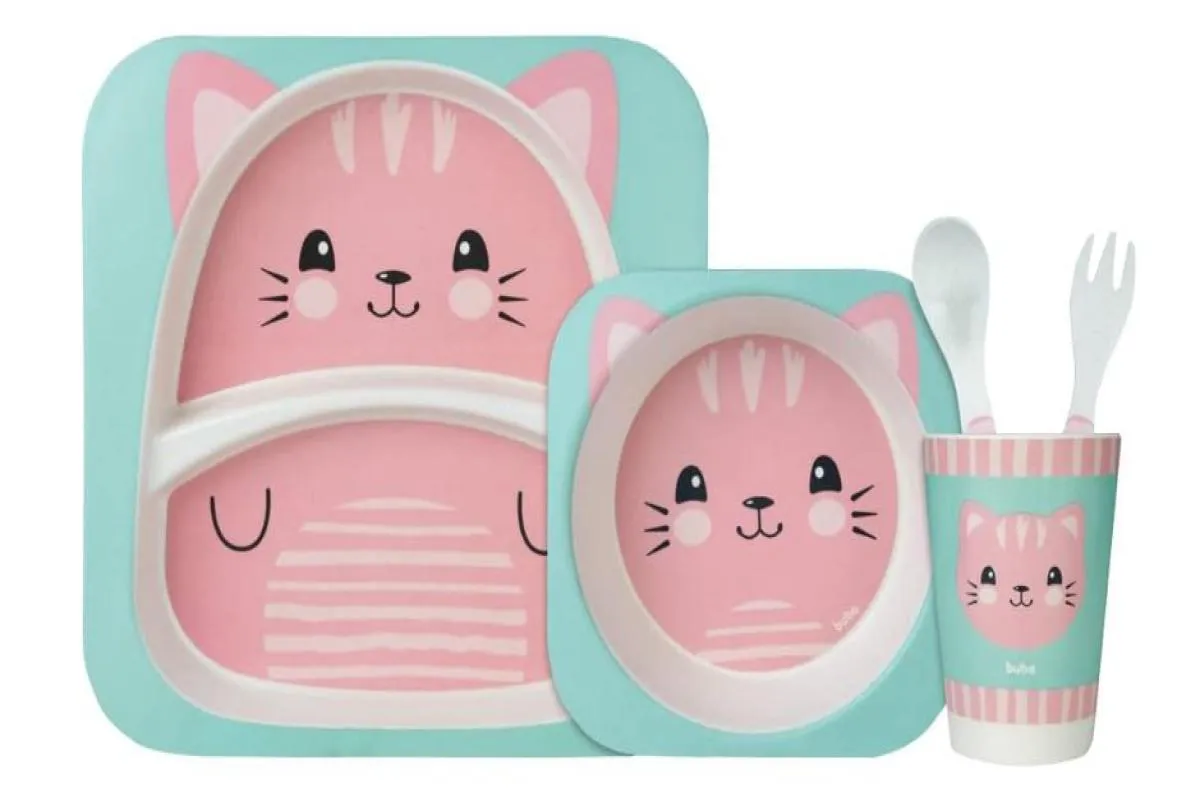 KIT REFEIçãO INFANTIL EM FIBRA DE BAMBU ECOLóGICO 5 PEçAS GATINHO - BUBA
