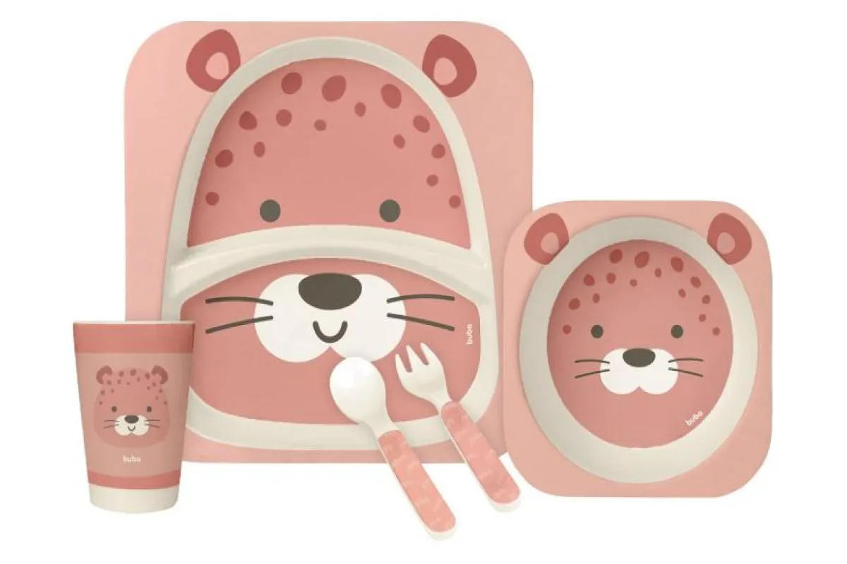 Kit Refeição Infantil em Fibra de Bambu Ecológico 5 Peças Oncinha - Buba