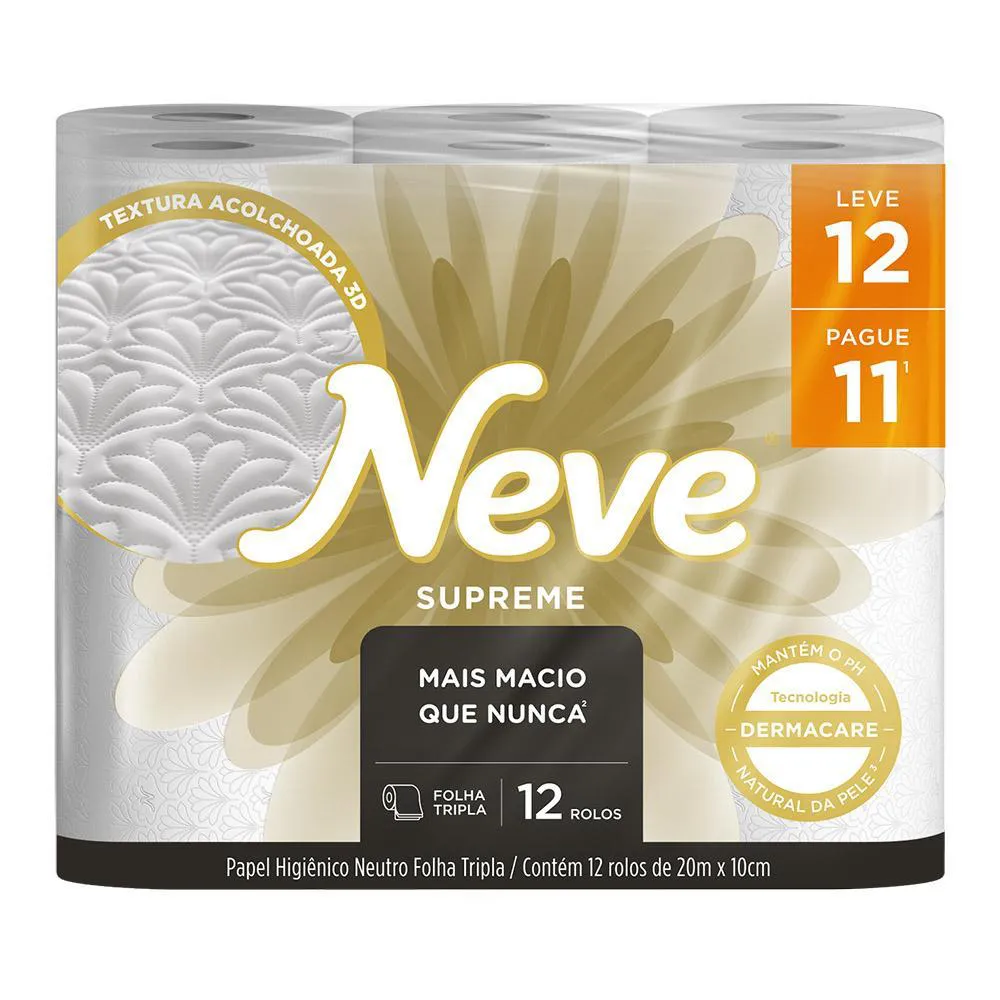 Kit 3 Papel Higiênico Neve Supreme Folha Tripla Leve 12un Cada