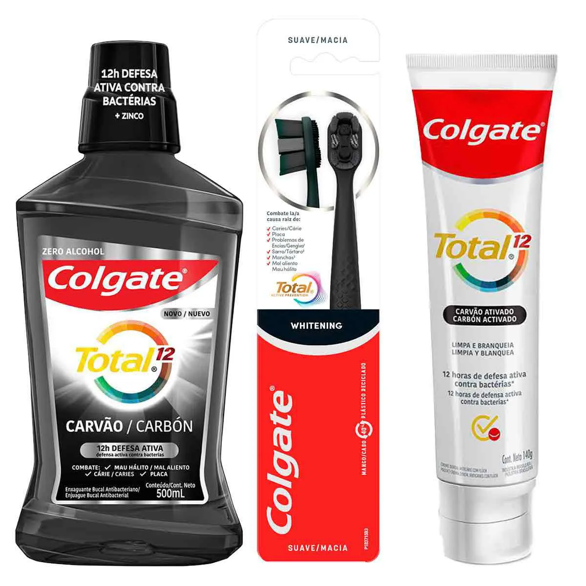 Kit Colgate Total Prevenção Ativa Carvão Ativado Pasta de dente + Escova de Dente Whitening Macia 2 un + Enxaguante Bucal Sem Álcool