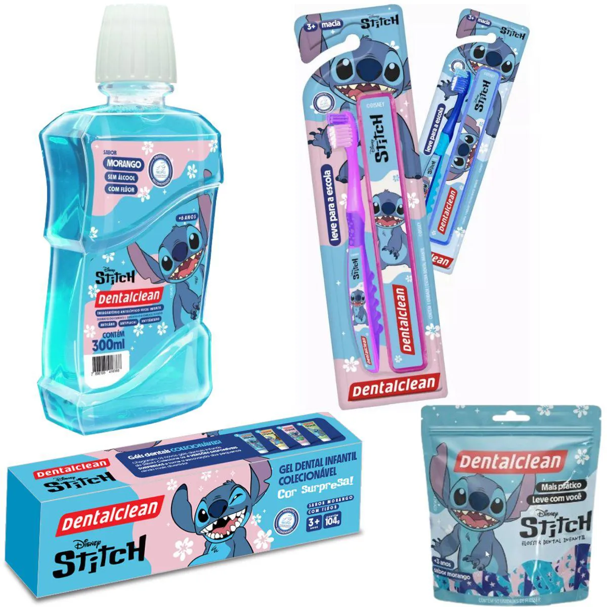 KIT ESCOVA 3A, GEL, ENXAGUANTE, FLOSSER STITCH - DENTALCLEAN
