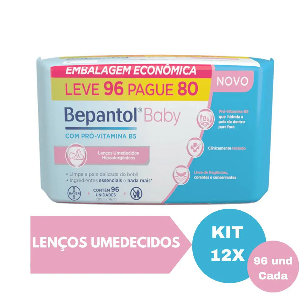 Kit 12 Lenços Umedecidos Hipoalergênicos 96Un Cada - Bepantol