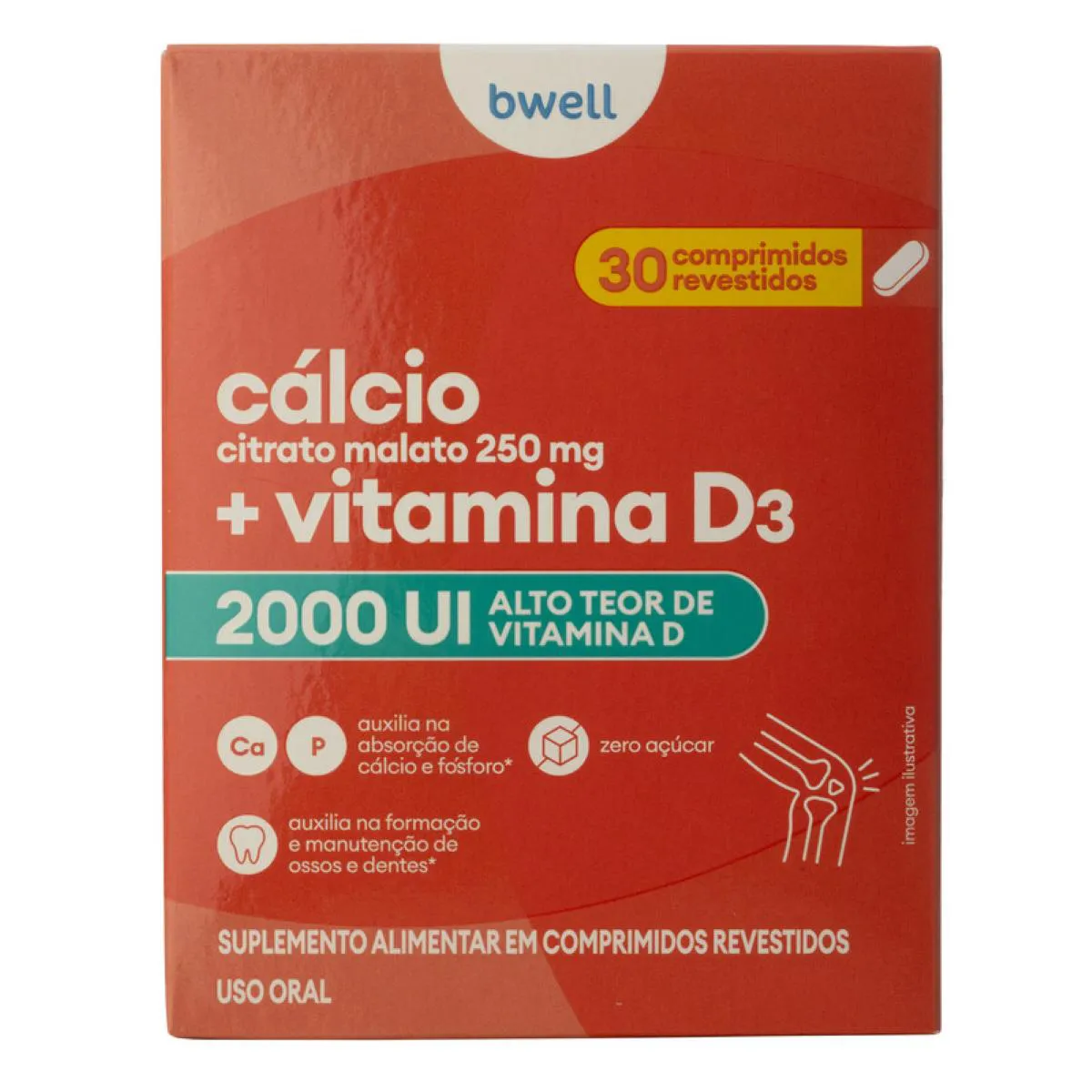 Cálcio 250mg + Vitamina D3 2000UI bwell 30 Comprimidos