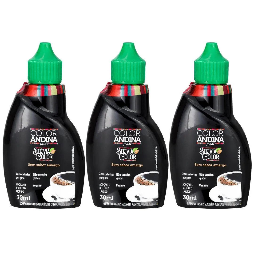 ADOçANTE STEVIA LíQUIDO COLOR ANDINA 30ML - 3 POTES