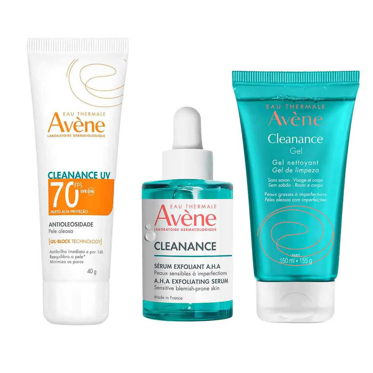 Kit Avène Cleanance Gel de Limpeza Rosto e Corpo + 1 Protetor Solar Facial UV FPS 70 + Sérum Esfoliante Eau Thermale A.H.A