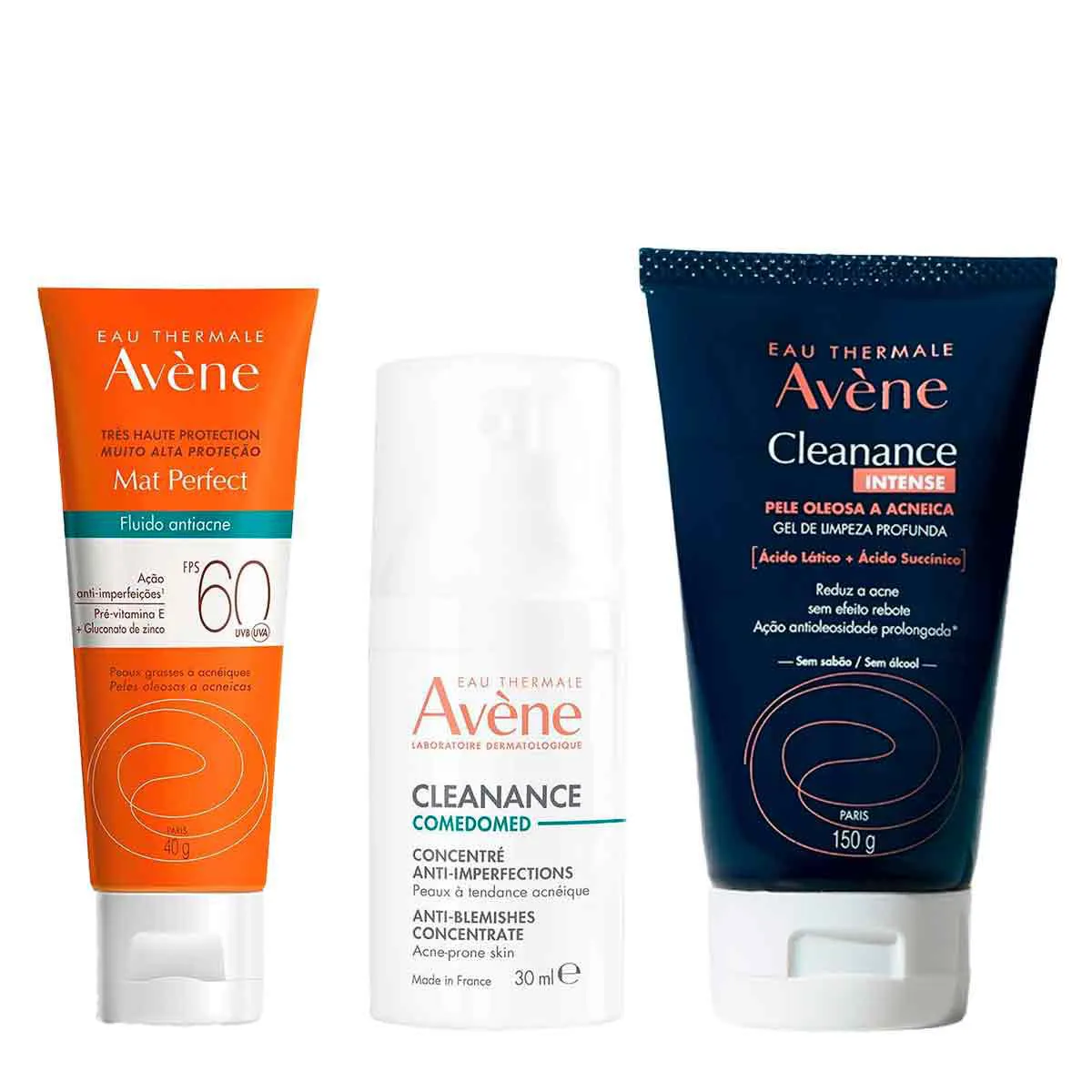 Kit Avène Cleanance Gel de Limpeza Profunda Intense + Sérum Corretor Facial Antiacne Comedomed + Protetor Solar Facial Fluido Anti Acne FPS 60 Mat Perfect