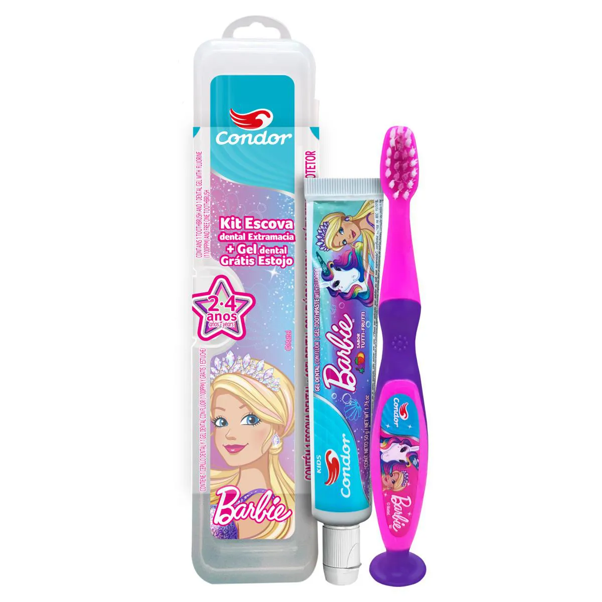 Kit Escova + Gel Dental Barbie 50g Condor com Estojo - Sortidos