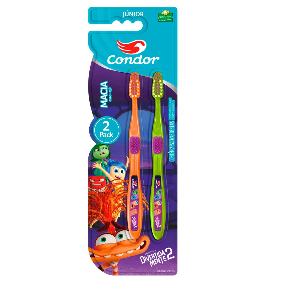 Escova de Dente Condor Divertida Mente 2 Júnior Macia Cabeça P 2 Unidades