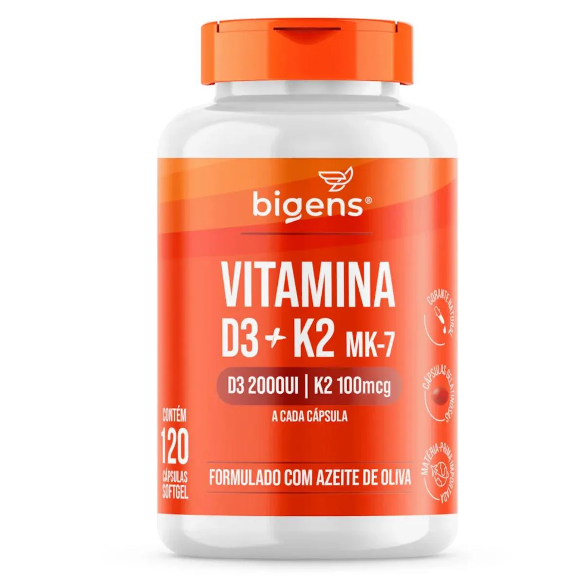 VITAMINA D3 2000UI + K2 MK7 ÓLEO DE OLIVA BIGENS 60 CAPSULAS SEM Sabor