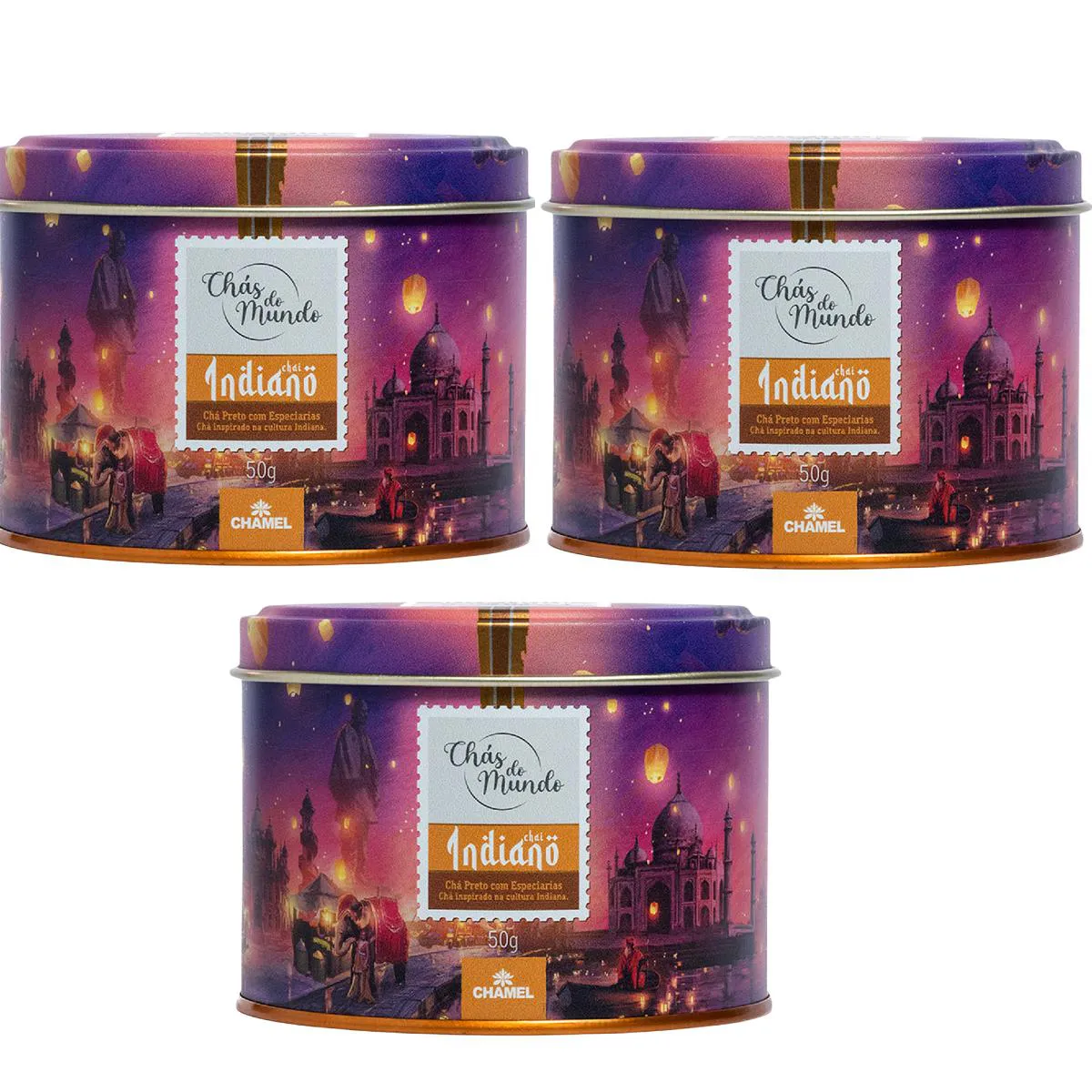 Kit 03 Chás do Mundo Pouch Chá Indiano Lata 50g - Chamel
