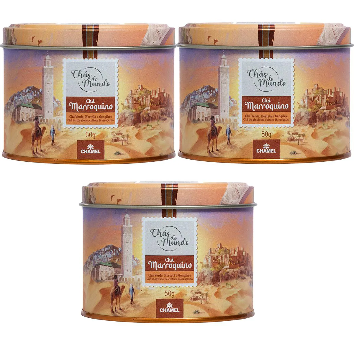 Kit 03 Chás do Mundo Pouch Chá Marroquino Lata 50g - Chamel
