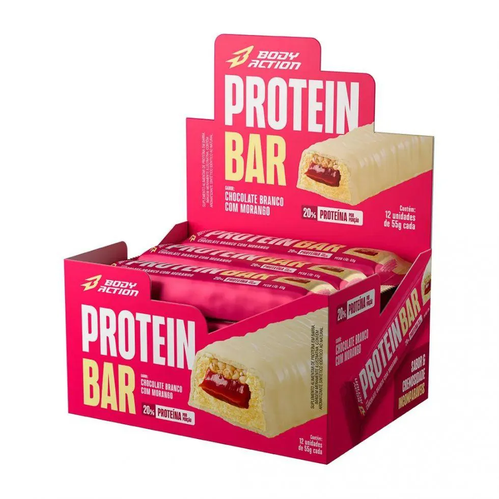 Protein Bar (Display 12 unidades 55G) - Sabor: Chocolate Branco com Morango