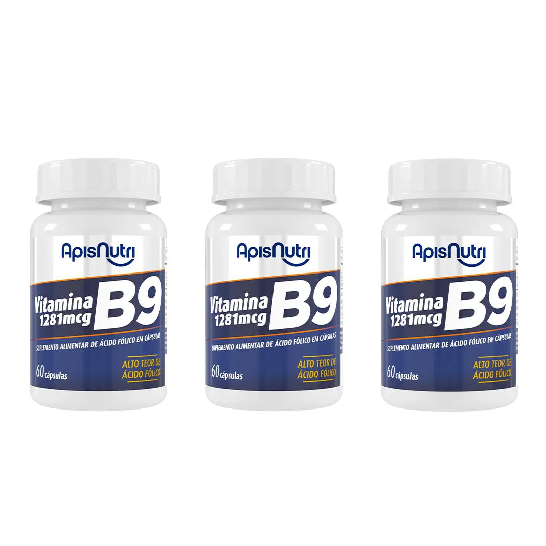 Kit 3 Vitamina B9 1281mcg Acido Folico 60 cápsulas - Apisnutri