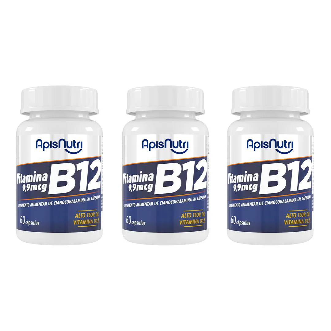 Kit 3 Vitamina B12 Cianocobalamina 400mg 60 cápsulas - Apisnutri