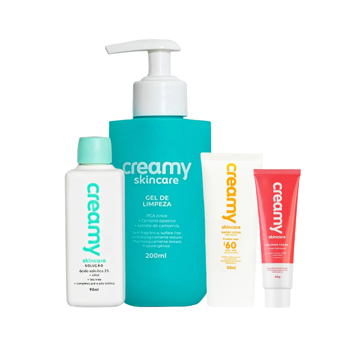 Kit Facial Creamy Skincare Protetor Solar FPS 60 50ml + Creme Hidratante 40g + Gel de Limpeza 200ml + Tônico Antiacne Esfoliante 90ml