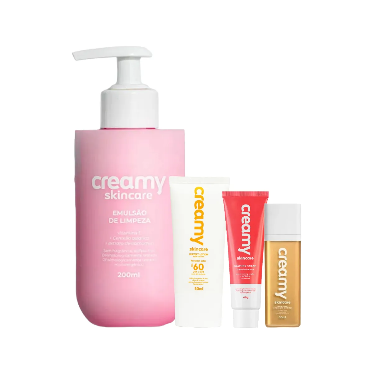 Kit Facial Creamy Skincare Protetor Solar FPS 60 50ml + Creme Hidratante Calming 40g + Emulsão de Limpeza 200ml + Sérum Clareador Vitamina C 30ml